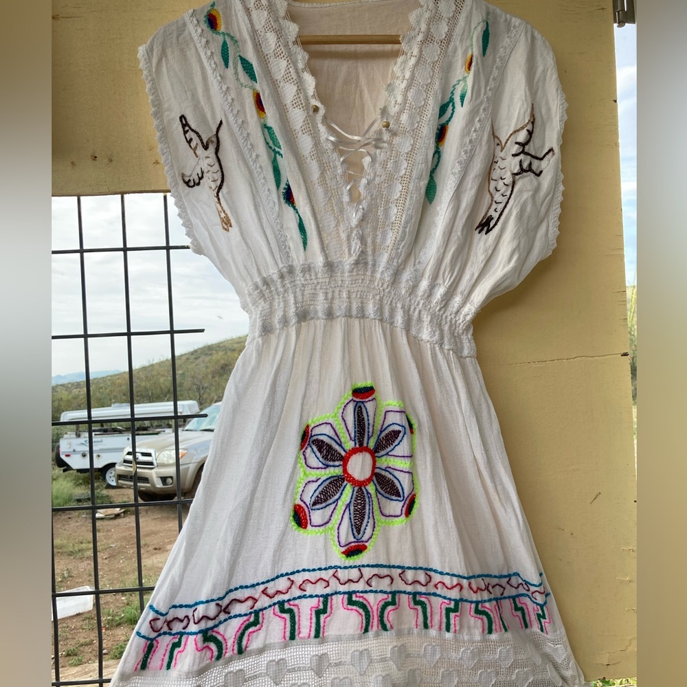 Shipibo Hand-Embroidered White Ceremony Dress with Hummingbirds